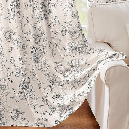 jinchan Black Floral Linen Curtains 84 Inch Vintage Back Tab 2 Panels | Light - Image 6