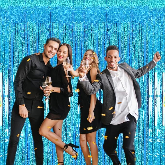 2 Pack 3.2ft x 8.2ft Blue Foil Fringe Curtains Photo Backdrop Party Decorations - Image 3