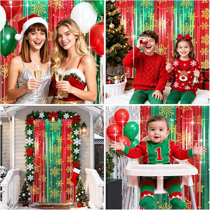 2 Packs Christmas Foil Fringe Curtain, Glitter Red Green Snowflake Metallic - Image 4