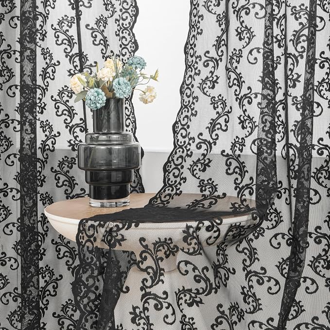 Black Lace Curtains 90 Inches Long 2 Panels Vintage Floral Sheer Curtains - Image 2