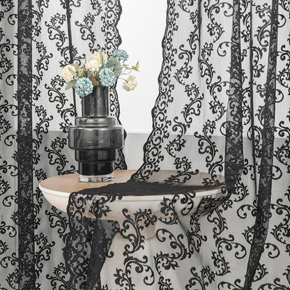 Black Lace Curtains 90 Inches Long 2 Panels Vintage Floral Sheer Curtains - Image 2