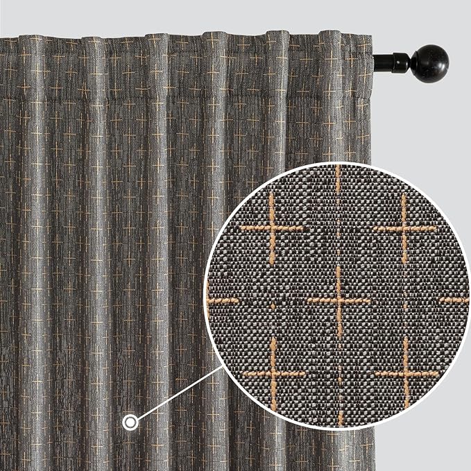 MIULEE Patterned Farmhouse Linen Curtains, Back Tab, Dark Grey | Linen Curtains by MIULEE