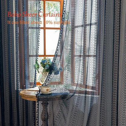 Sutuo Home Navy Blue Boho Sheer Curtains 72 inches Long - Image 2