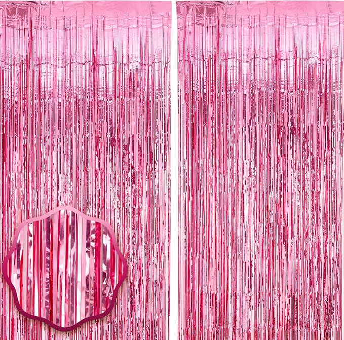 Voircoloria Pink Foil Fringe Backdrop Curtains, 2 Pack | Tinsel Streamers by Voircoloria