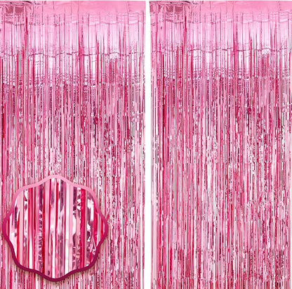 Voircoloria Pink Foil Fringe Backdrop Curtains, 2 Pack | Tinsel Streamers by Voircoloria