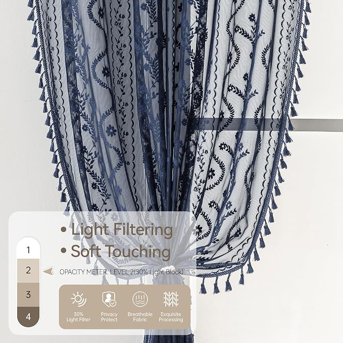 WAZZIO Boho Lace Curtains 2 Panels 63 Inch -Victorian Sheer Panel Drape French - Image 5