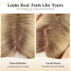 Large MONO Top Hair Toppers for Women Remy Human Hair 14 Inch 6"x7" Big Base Partial wig Cover Thinning Hair or Loss No Bangs Natural Wiglets (Blonde Mixed Brown)