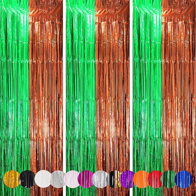 Voircoloria 3 Pack 3.3 x 8.2 ft Green and Brown Foil Fringe Backdrop Curtains by Voircoloria