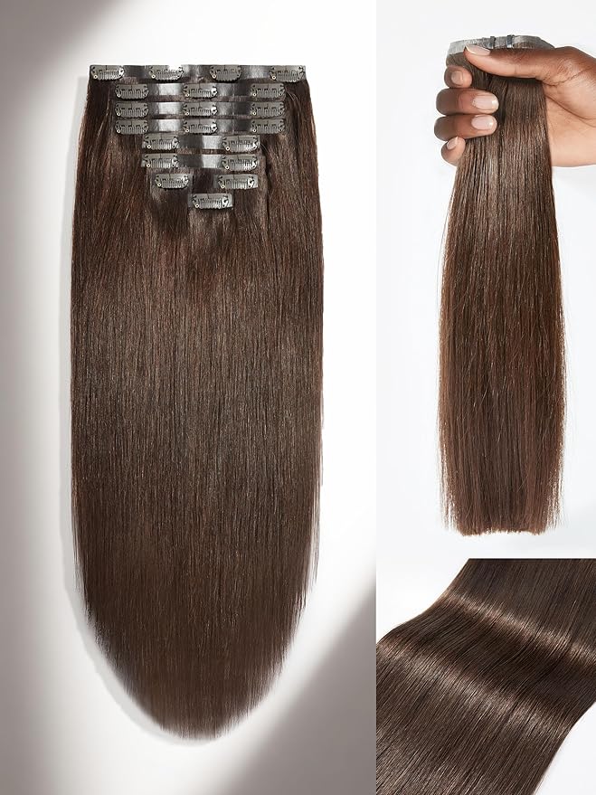 LUVME Seamless Clip in Hair Extensions, 20 Inch 135g 7pcs Dark Brown Hair Extensions Clip in Human Hair Invisible PU Skin Weft Natural Remy Human Hair