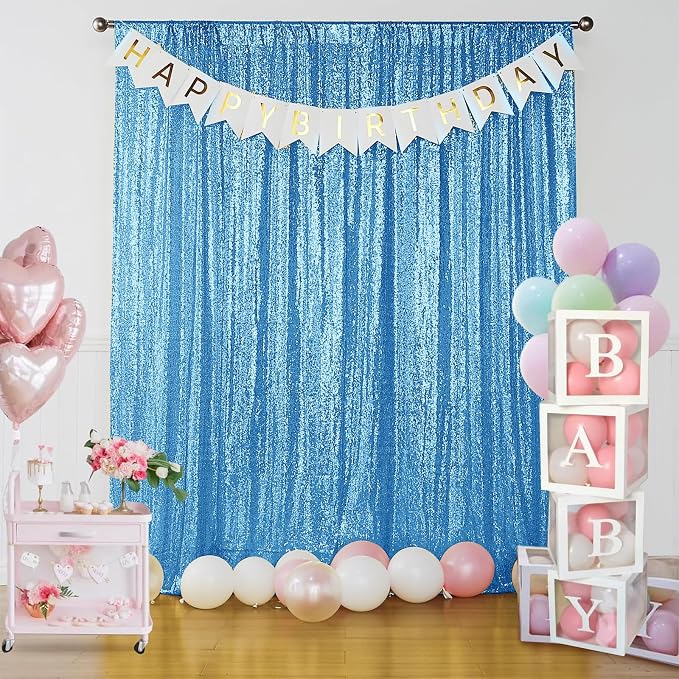 Sugargirl Blue Sequin Backdrop Curtain 7FTx7FT Glitter Blue Background Drapes - Image 2