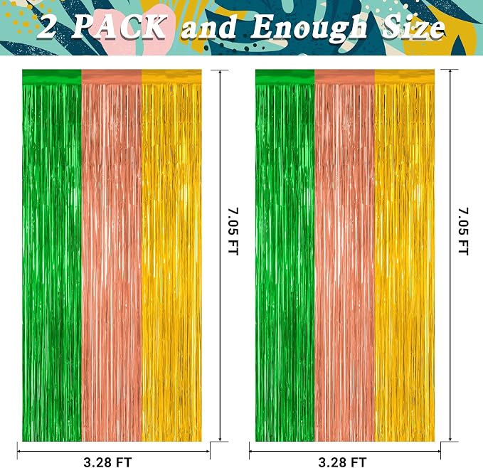 ZATAYE 2 Pack Green Brown Yellow Hawaiian Luau Foil Curtain Decorations | Green - Image 2