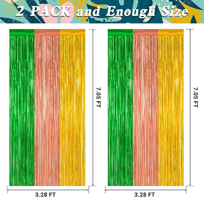 ZATAYE 2 Pack Green Brown Yellow Hawaiian Luau Foil Curtain Decorations | Green - Image 2