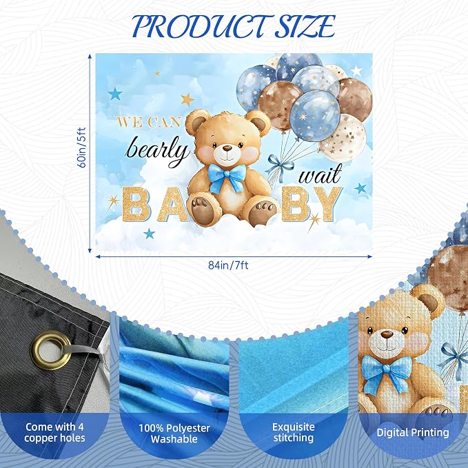 Bear Baby Shower Backdrop 7x5FT We Can Bearly Wait Party Baby Shower Banner - Image 2