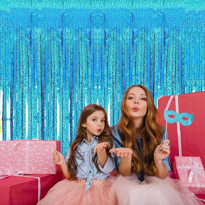 2 Pack 3.2ft x 8.2ft Blue Foil Fringe Curtains Photo Backdrop Party Decorations - Image 2
