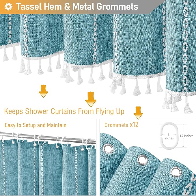 72x84 Long Boho Farmhouse Linen Heavy Duty Cloth Shower Curtain, Teal | Tall - Image 5