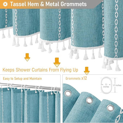 72x78 Long Boho Farmhouse Linen Heavy Duty Cloth Shower Curtain, Teal | Tall - Image 5
