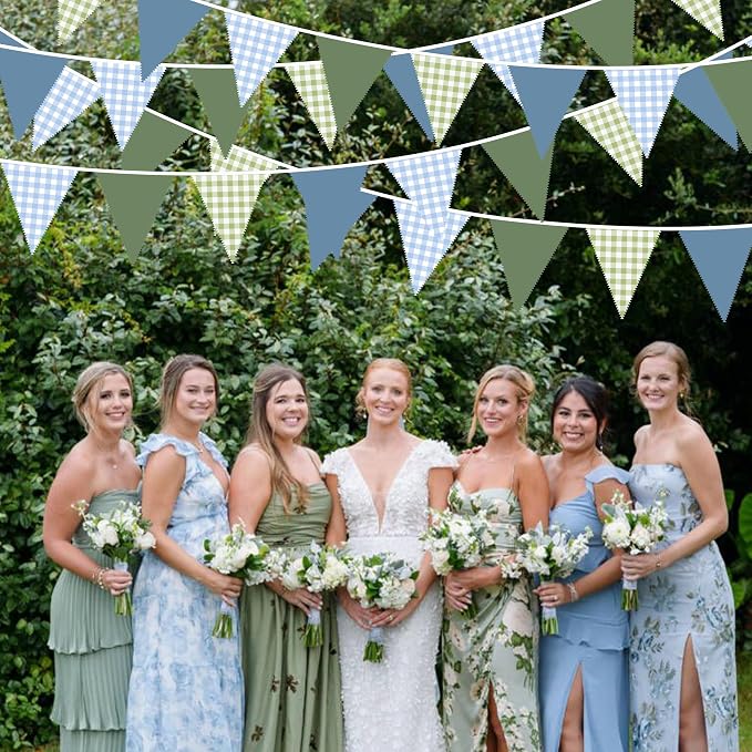 32Ft Blue Green Party Decorations Dusty Blue Sage Green Gingham Fabric Triangle - Image 7