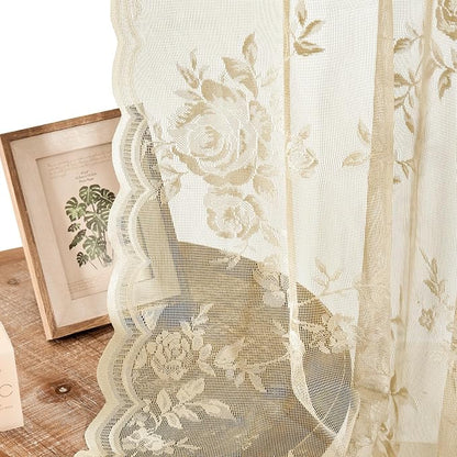 SEEKRIGHT Beige Lace Curtains 90 Inches Long Victorian Floral Sheer Curtains - Image 5