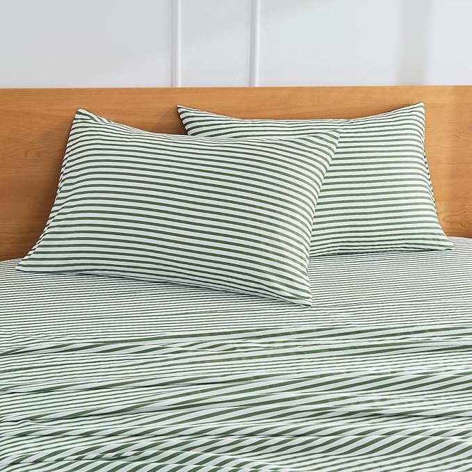 JELLYMONI 100% Natural Cotton Striped Standard Pillowcases Set, 4 Pack White and Grey and Green Stripes Pillow Covers with Envelope Closure(Pillows are not Included)