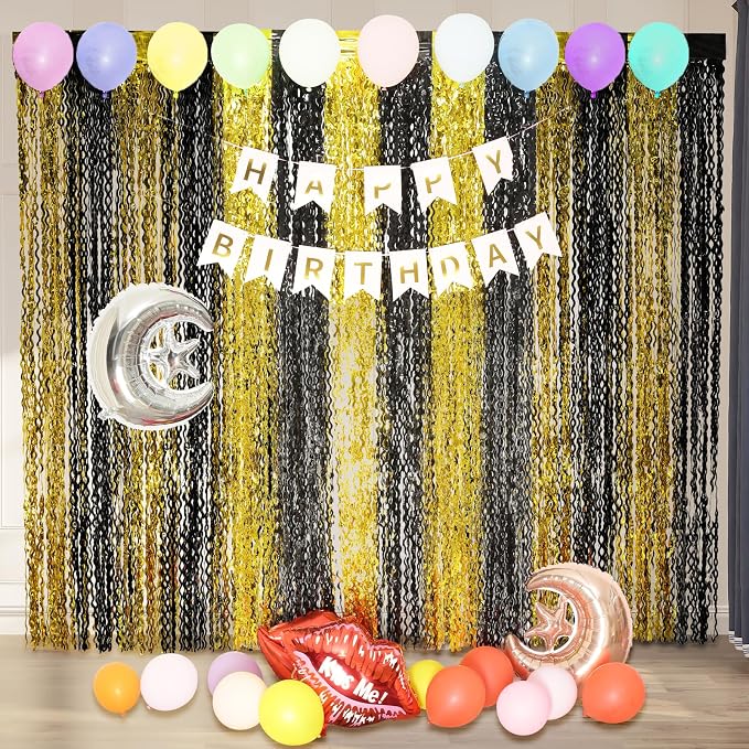 KEEUH 4 Pack Black and Gold Wavy Foil Fringe Curtains Pirthday Decorations - Image 4