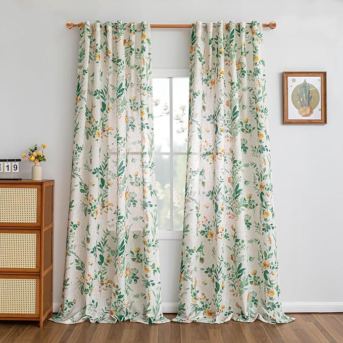 MYSKY HOME Linen Floral Long Curtains 95 Inch Length 2 Panels Set, Sage Green - Image 2