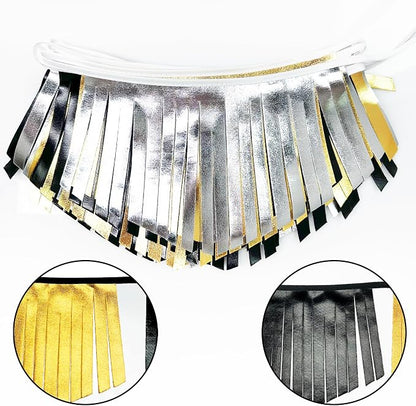 Black Silver Gold Tassel Banner Double Sided Metallic Fabric Pennant Bunting - Image 3
