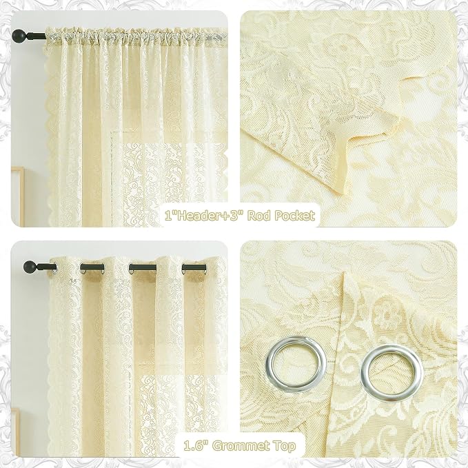 Bujasso Lace Sheer Curtains Ivory Grommet Top 2 Panels 54" Wx84 L | Vintage - Image 5