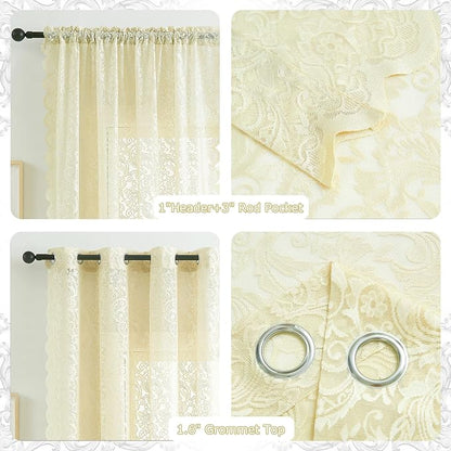 Bujasso Lace Sheer Curtains Ivory Grommet Top 2 Panels 54" Wx84 L | Vintage - Image 5