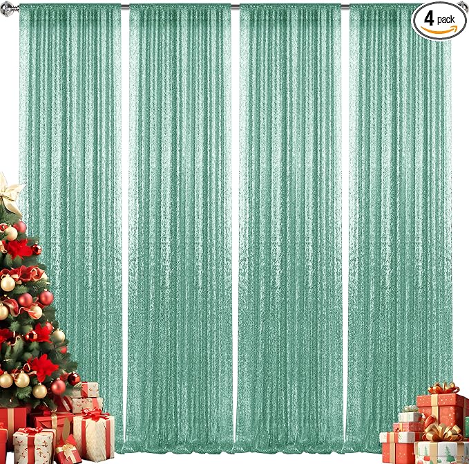 2×8FT-4PCS Mint Green Sequin Backdrop Curtains Panels, Photography Backdrop by Pufogu