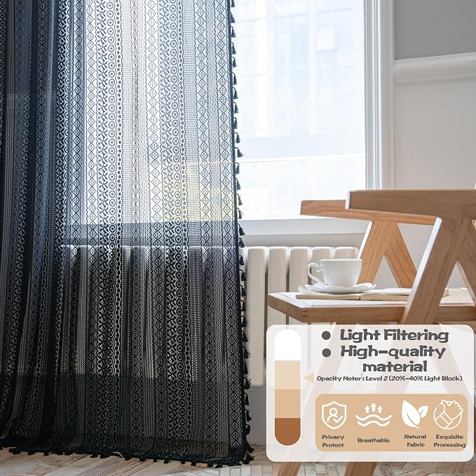 Sutuo Home Black Boho Curtain for Halloween Decor, Sheer Crochet Lace Handmade - Image 3