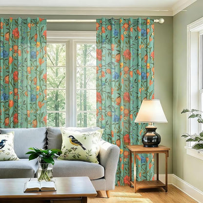 Green Floral Linen Curtains, Boho Whimsical Bird Print Curtains - Image 4