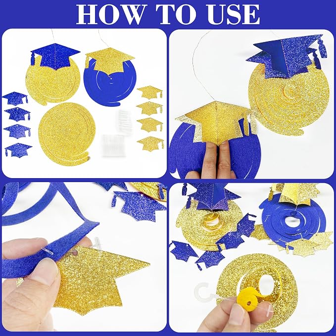 24Pcs Royal Blue Gold Graduation Grad Cap Hanging Felt Swirl Streamer Spiral - Image 3