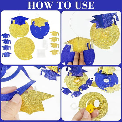 24Pcs Royal Blue Gold Graduation Grad Cap Hanging Felt Swirl Streamer Spiral - Image 3