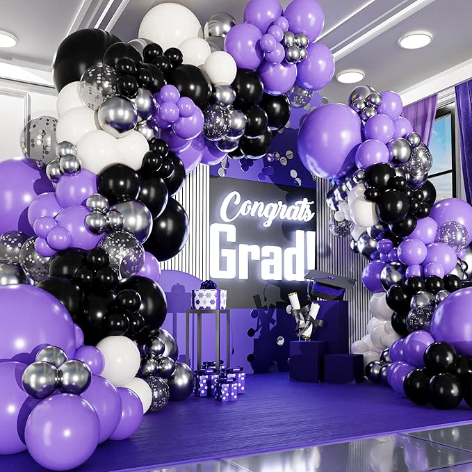 ALL-IN-1 Purple and Black White Balloons Garland & Arch Kit – Small and Large by SherylDecor