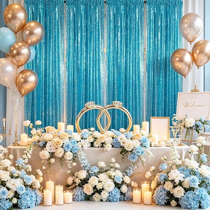 ShinyBeauty Sequin Backdrop Curtains 4 Panels 2x8FT Turquoise - Image 5
