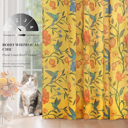 Mustard Yellow Floral Linen Curtains, Boho Whimsical Bird Print Curtains - Image 3