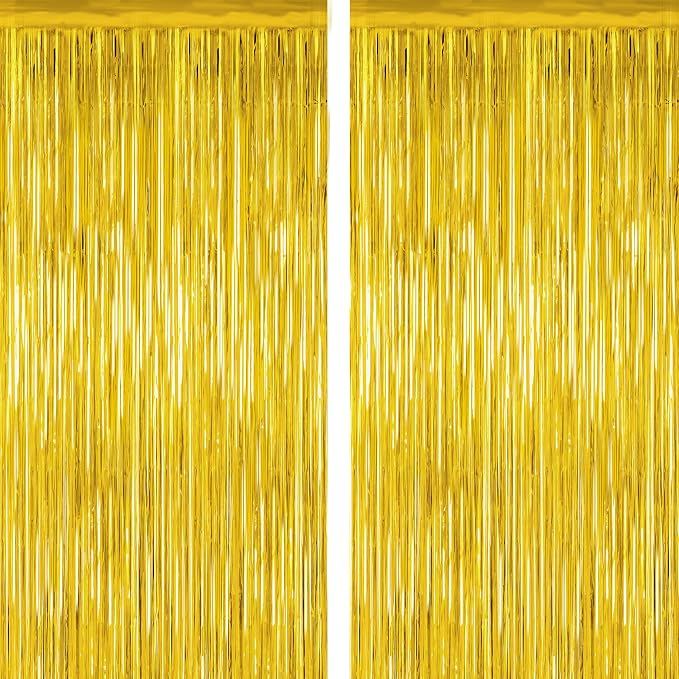 2 Pack Gold Tinsel Backdrop, 3.28 FT x 7.05 FT Metallic Fringe Curtain by ZATAYE