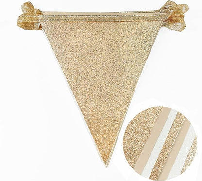 Champagne Gold Beige White Party Pennant Banner Flag Hanging Glitter Paper - Image 3