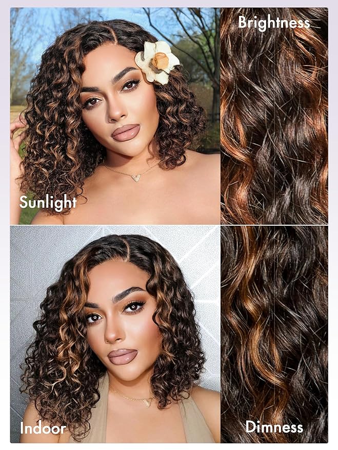 LUVME HAIR 12" Curly Glueless Wigs Human Hair Pre Plucked Pre Cut, Undetectable HD Lace Curly Bob Wig Human Hair Short Black Wig with Blonde Highlights Ready to Go Wig 180 Density