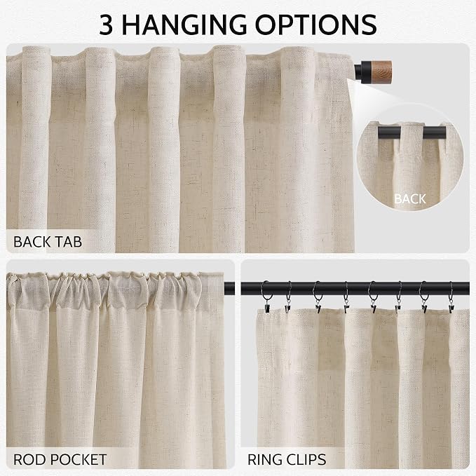 Cream Beige Linen Curtains for Living Room 100 Inches Long Light Filtering Semi - Image 2