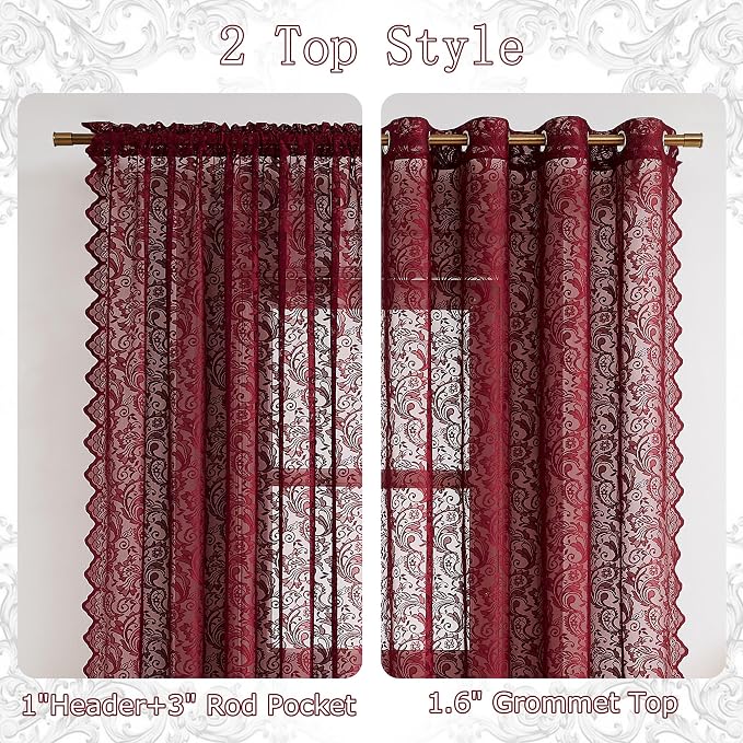 Bujasso Burgundy Lace Sheer Curtains - Image 6