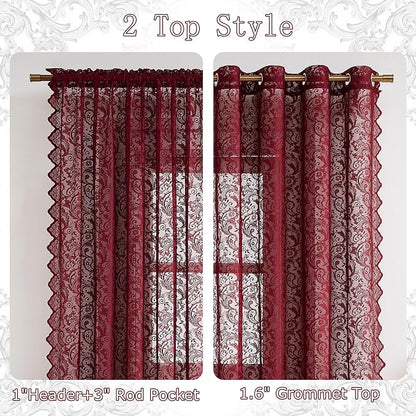 Bujasso Burgundy Lace Sheer Curtains - Image 5
