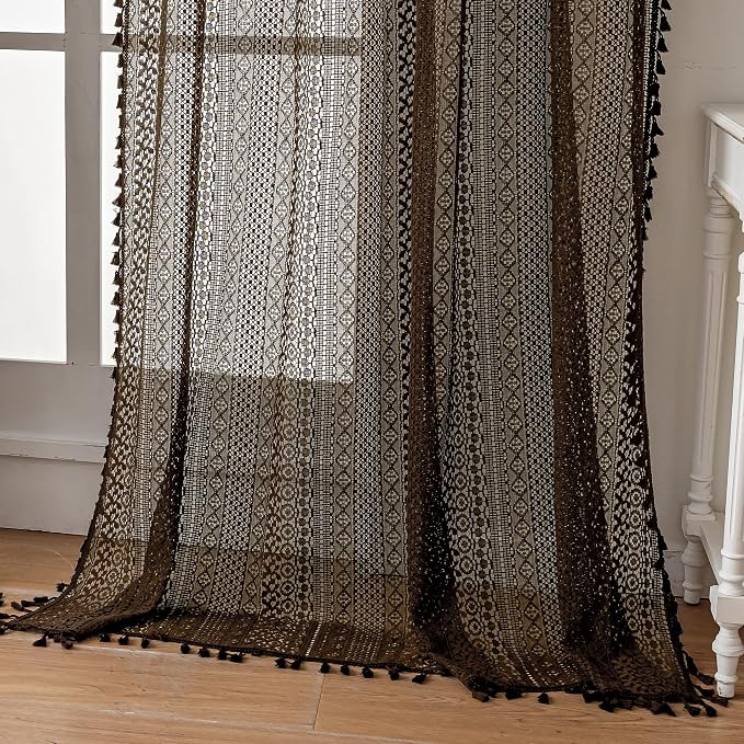 WAZZIO Boho Lace Curtains 63 Inches 2 Panel, Light Filtering Privacy Tassel & by WAZZIO