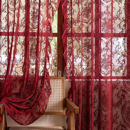 Deeprove Boho Lace Sheer Burgundy Curtains 84 Inches Long - Image 5