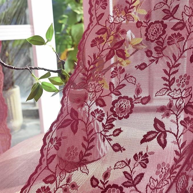 FINECITY Burgundy Lace Curtains Rustic Leaf Floral 52 x 84 Inch, 2 Panels | Rod - Image 6