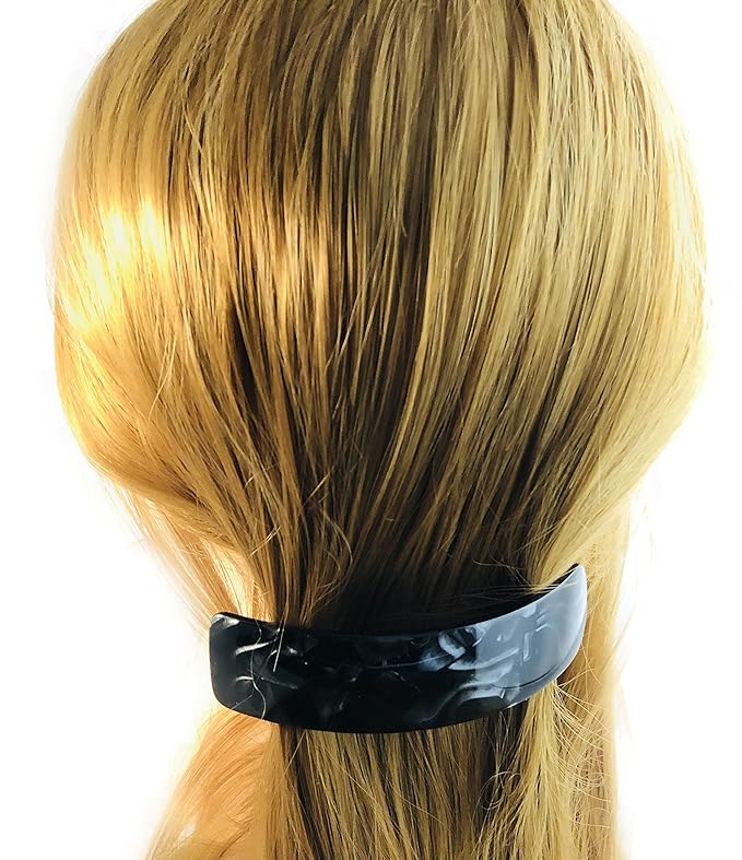 French Amie Volume Black Large Curved Handmade Strong Grip Celluloid Automatic Hair Clip Barrette (Black Finish)