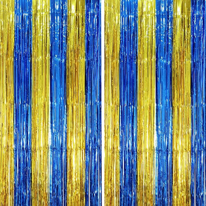 Voircoloria Blue Gold Foil Fringe Backdrop Curtains, 2 Pack | Tinsel Streamers by Voircoloria