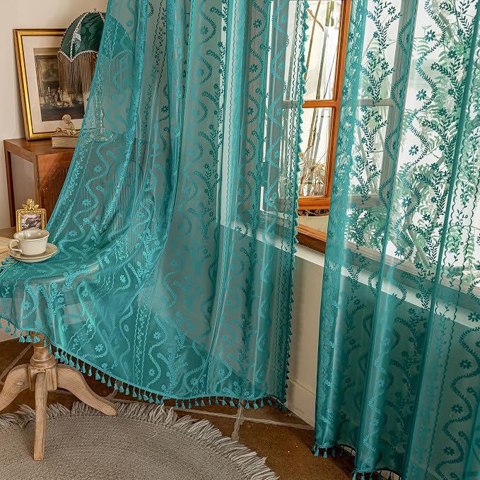 WAZZIO Boho Lace Curtains 2 Panels 63 Inch -Victorian Sheer Panel Drape French - Image 7