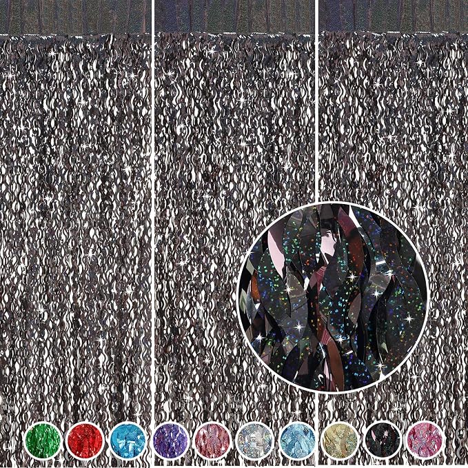 Black Foil Curtain Backdrop, CYLMFC 3 Pack 3.3 ft x 6.6 ft Sparkle Metallic by CYLMFC