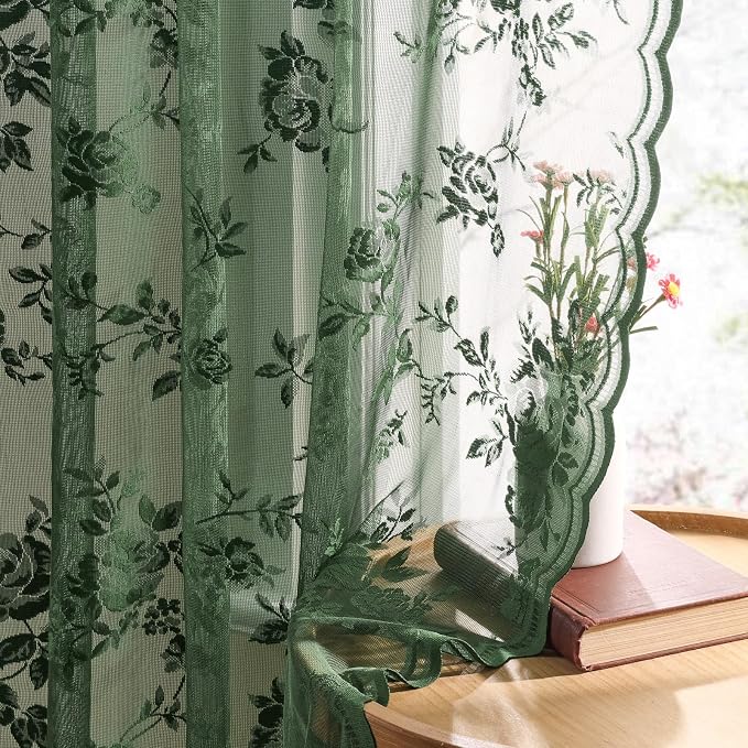Dark Green Lace Curtains 63 Inch Length 2 Panels Set Country Floral Sheer by SEEKRIGHTHomeDecor